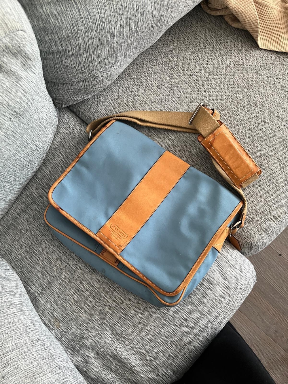 Coach Blue and Tan Leather-Trim Messenger Crossbody